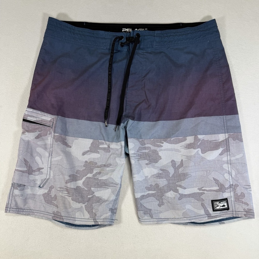 Pelagic‎ High Performance Board Shorts Gray Blue Camo Fishing Surf Mens Size 36